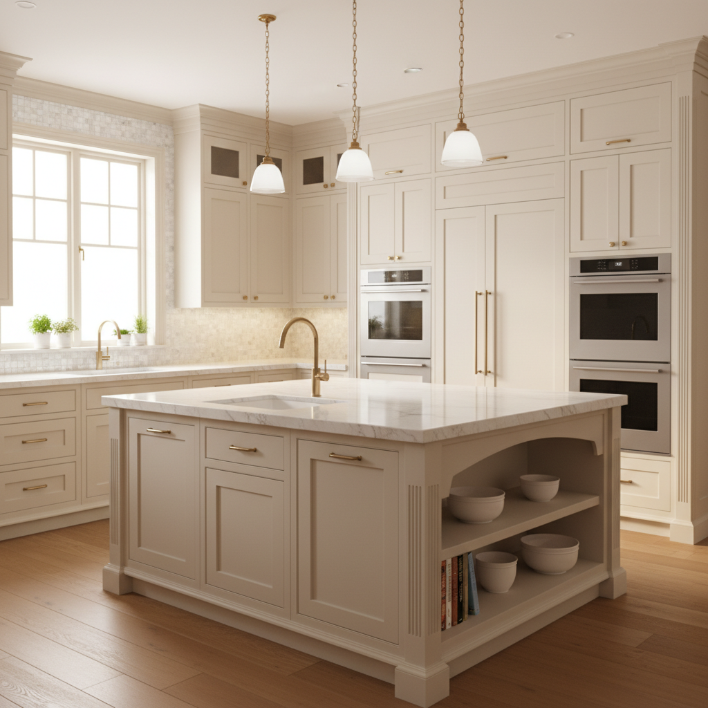 Bright upscale kitchen interior with integrated appliances