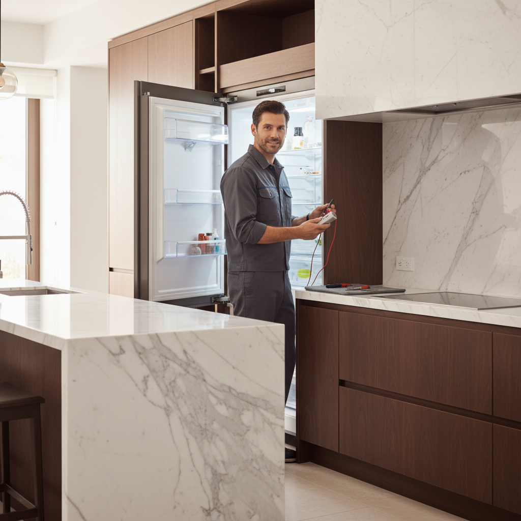Professional technician inspecting a built-in refrigerator